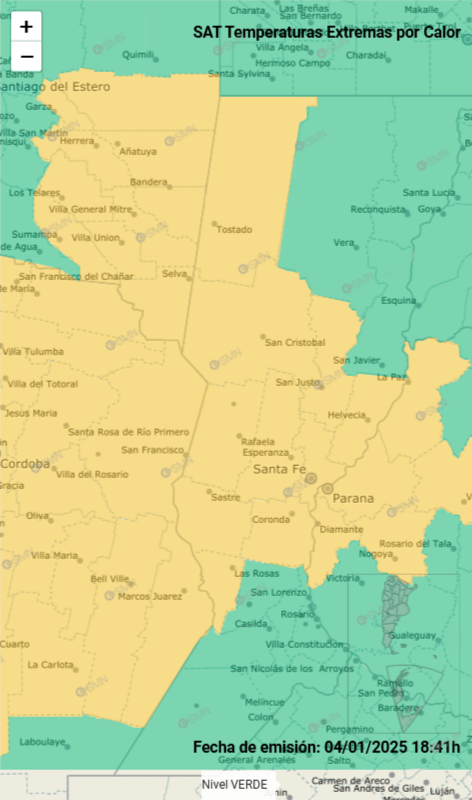 Mapa con el alerta amarillo por altas temperaturas para Rafaela y Zona