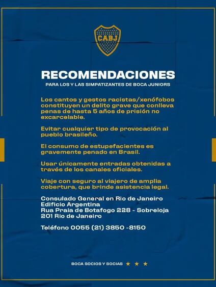 Las recomendaciones de Boca para sus hinchas en Río de Janeiro.