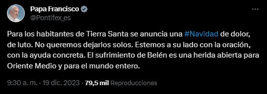 Francisco pidió "no dejar solos" a los habitantes de Tierra Santa en esta "Navidad de dolor y luto". Foto: captura de pantalla.