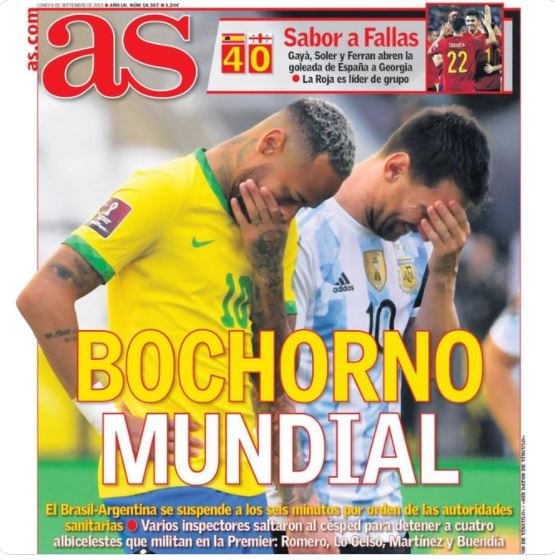 Tapa del diario AS de España tras la suspensión del Brasil-Argentina por Eliminatorias rumbo al Mundial Qatar 2022.