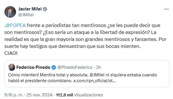 El mensaje de Milei sobre el supuesto cruce con Petro