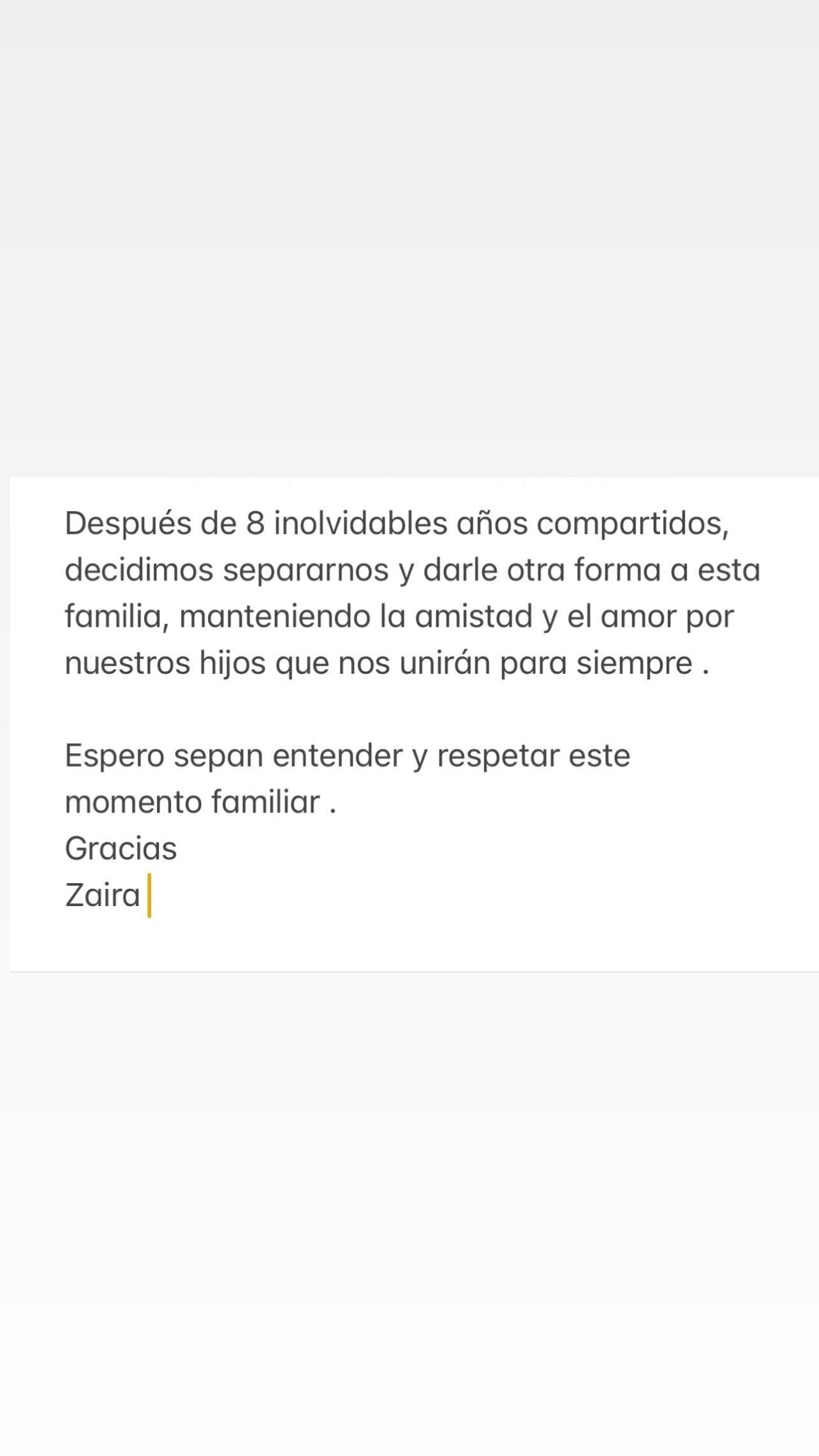 El comunicado de Zaira Nara con el que anunció su separación.