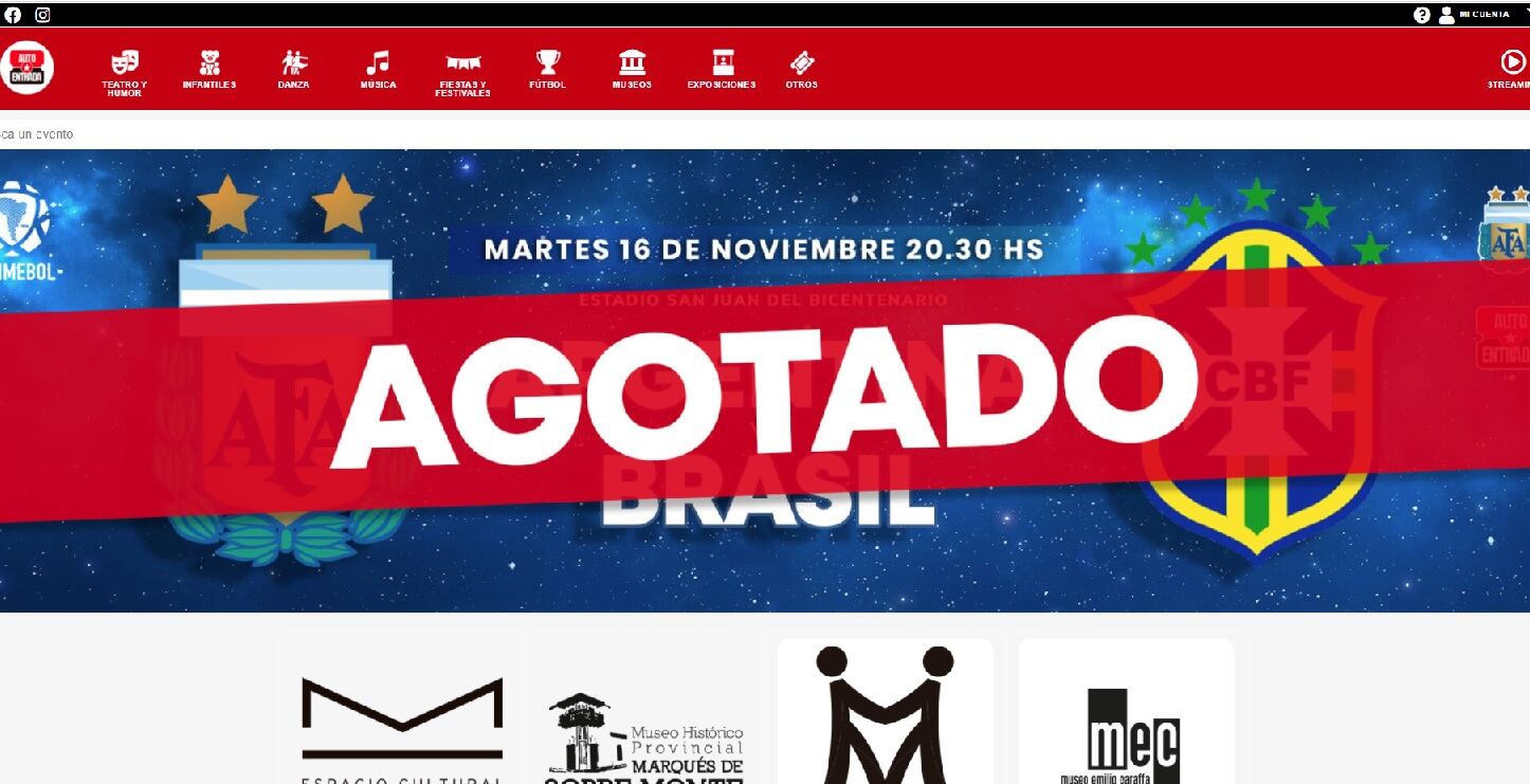 En menos de una hora se agotaron las entradas en la página web para el partido entre Argentina y Brasil que jugarán este martes en San Juan.