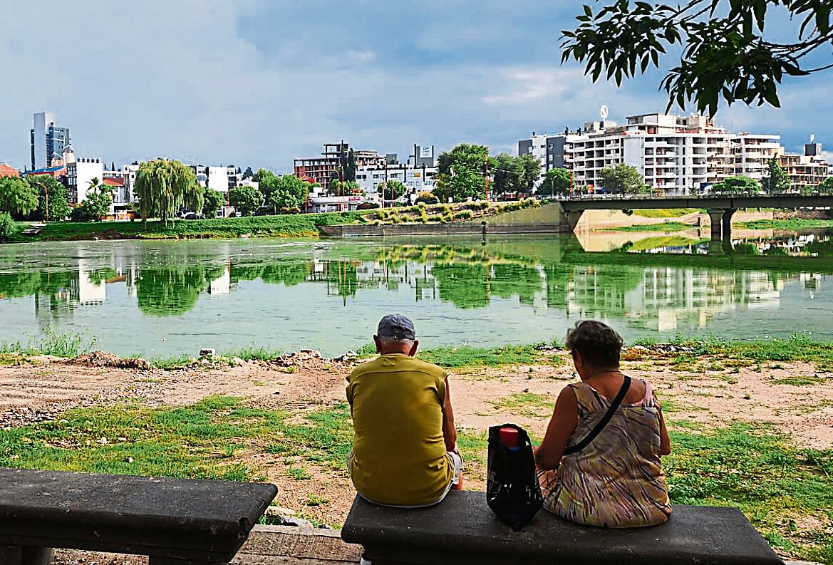 Postal céntrica. Las cianobacterias se apoderaron de la superficie del lago San Roque y le dan un feo aspecto. (La Voz)