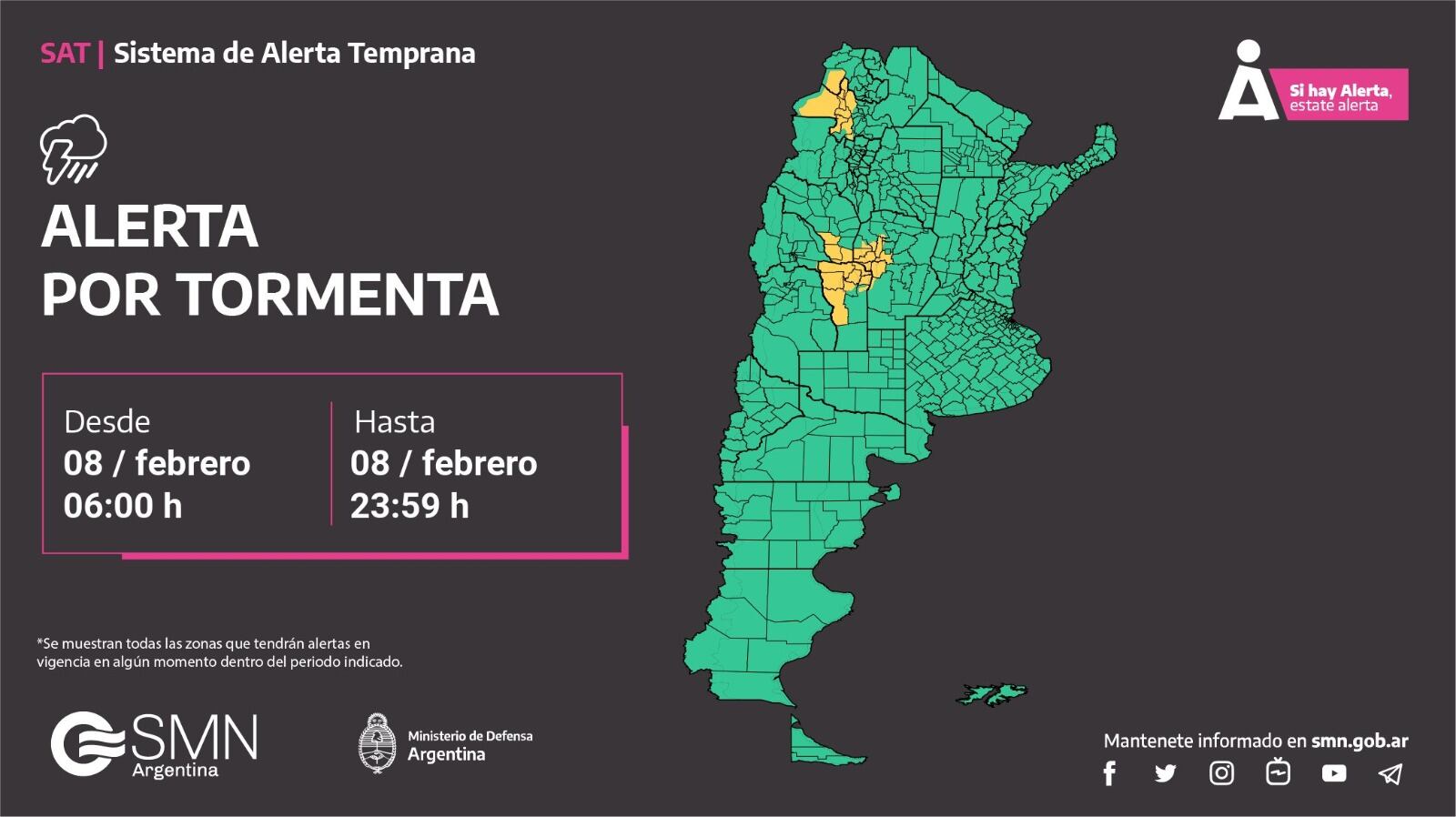 Alerta amarilla por tormentas para este miércoles 8 de febrero.