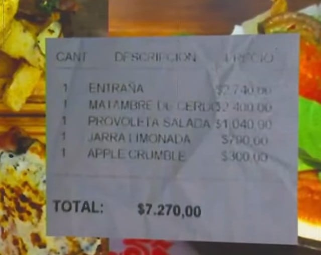 El ticket le cayó pesado al que pagó el almuerzo (captura de pantalla).