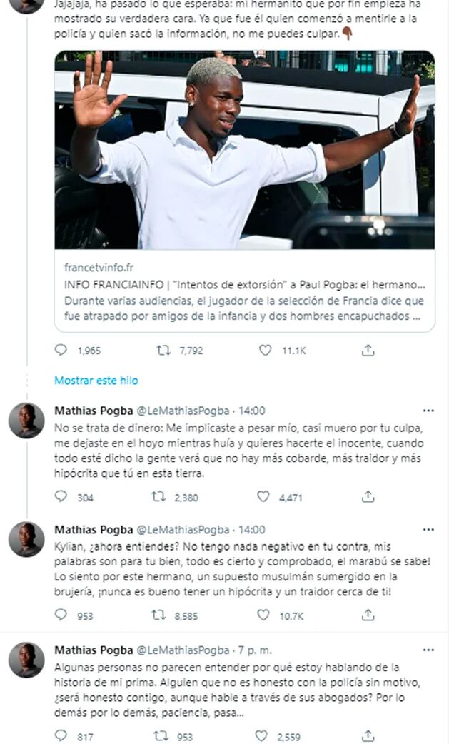 El hilo publicado por Mathias Pogba en Twitter.