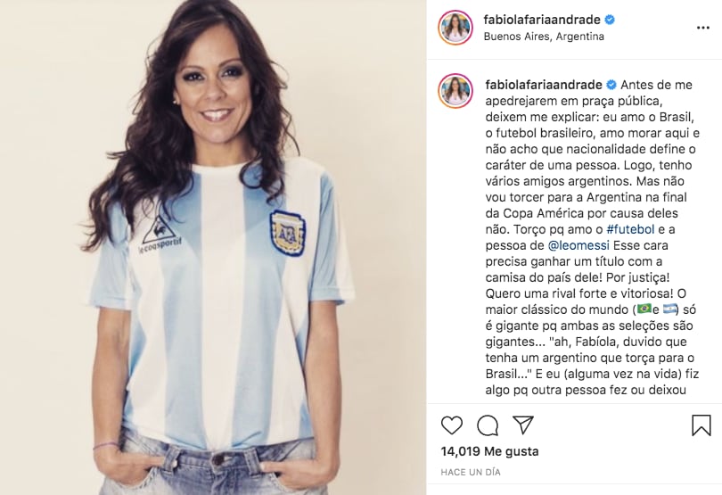 Fabiola Andrade, periodista brasileña, contó que quiere que Argentina gane la Copa América.