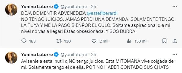 Yanina Latorre fulminó a Estefi Berardi en las redes (Captura de pantalla)