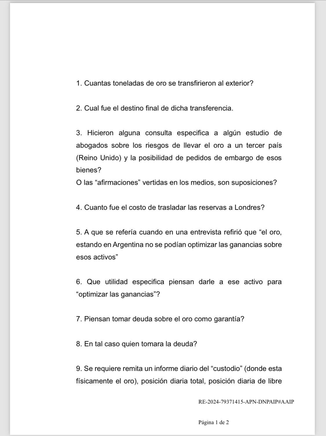 El pedido de información del oro de Juliana di Tullio