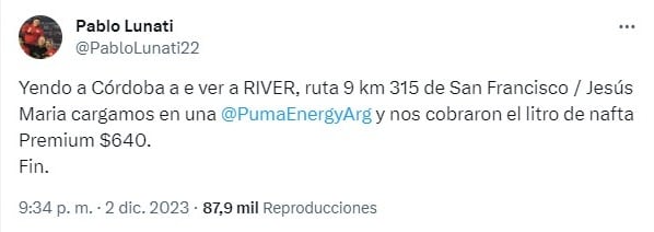 Lunati viajó a Córdoba, se quejó del precio de la nafta y las redes estallaron.