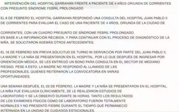 El comunicado del Hospital Garrahan por el caso de Isabella, la niña de Corrientes.