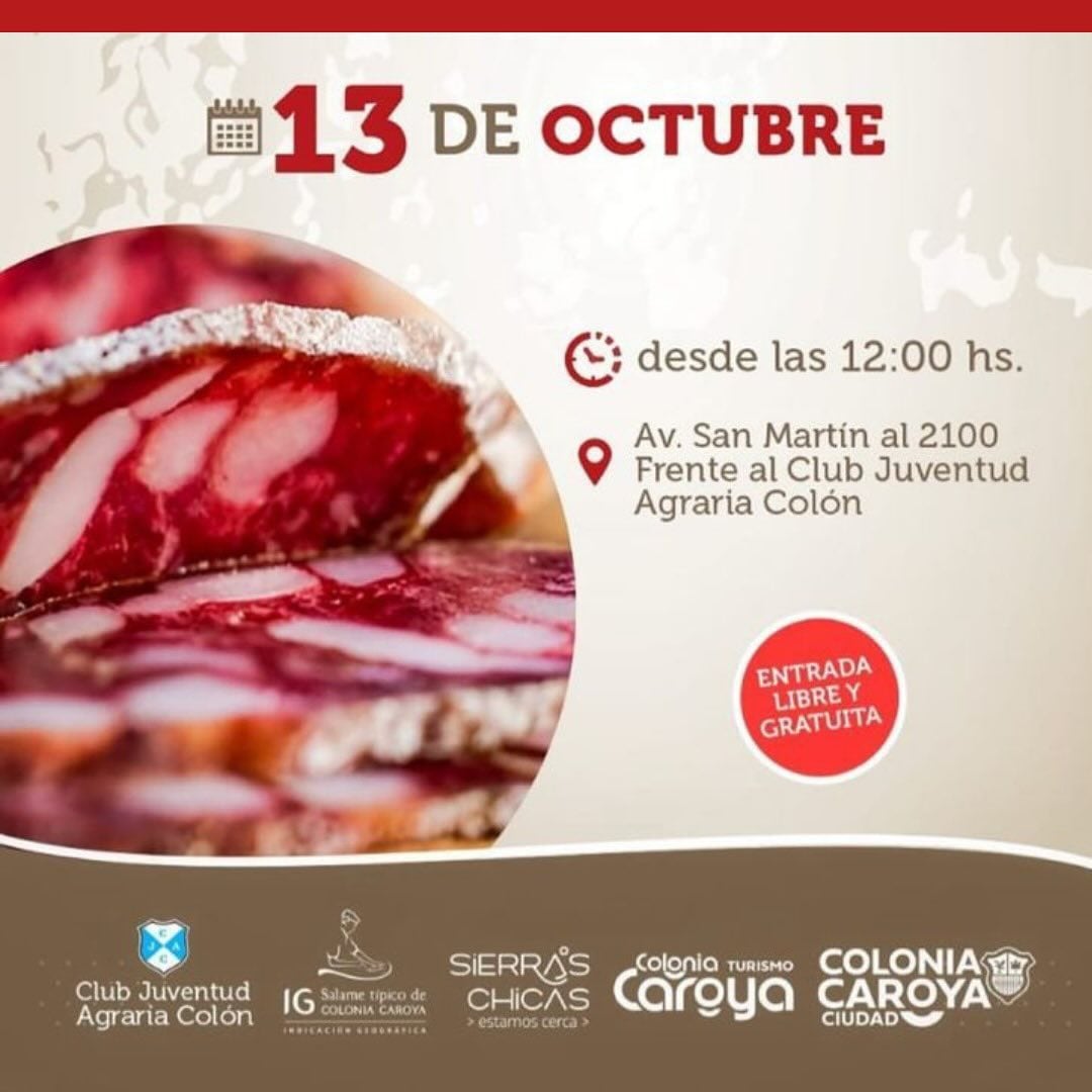 La fiesta del salame típico de Colonia Caroya será este domingo 13 de octubre.