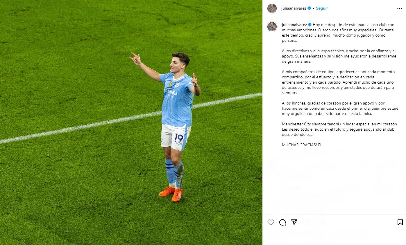 La emotiva despedida de Julián Álvarez del Manchester City