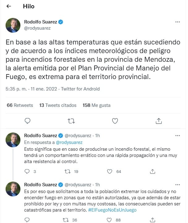 El twett del gobernador donde advierte sobre los incendios forestales.