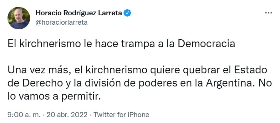 El tuit de Horacio Rodríguez Larreta sobre el Consejo de la Magistratura