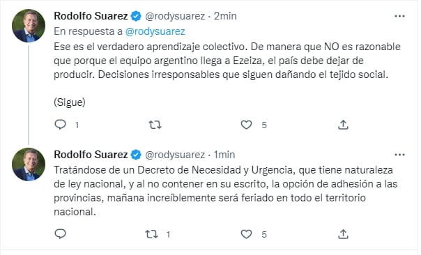 El gobernador Rodolfo Suárez confirmó el feriado y criticó al Gobierno nacional.