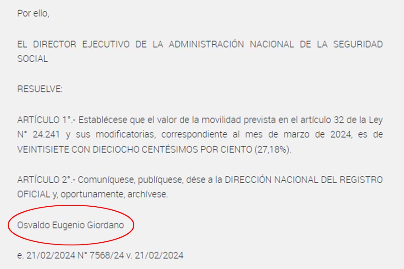 La firma de Giordano, funcionario que renunció a la Anses (Captura Boletín Oficial).