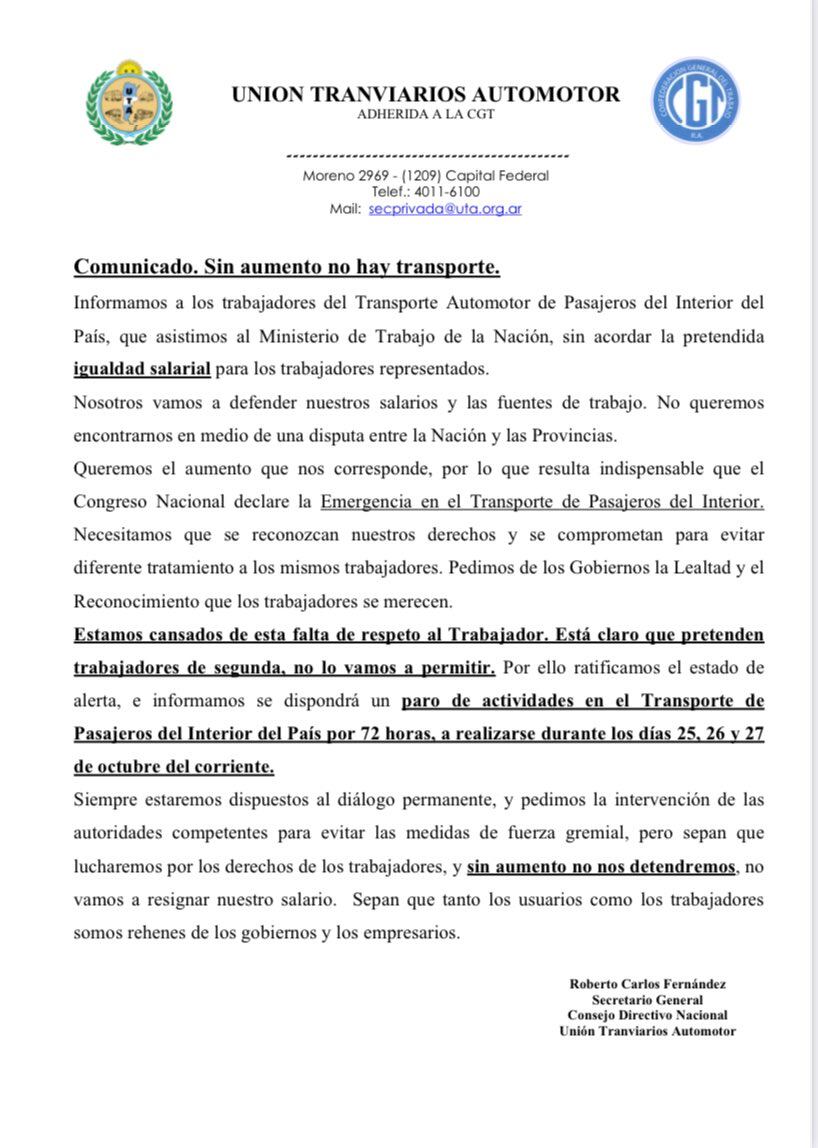 La UTA convoca a un nuevo paro de 72 hs para la próxima semana