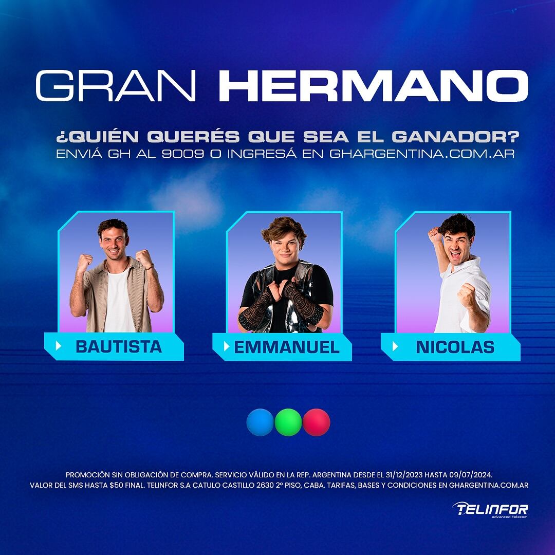 La última placa de Gran Hermano 2024 es con voto positivo para elegir el ganador entre Nicolás, Bautista y Emmanuel