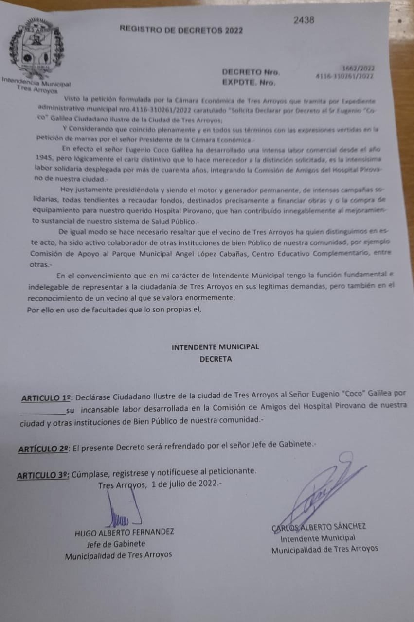 Eugenio “Coco” Galilea fue nombrado “Ciudadano Ilustre de Tres Arroyos”