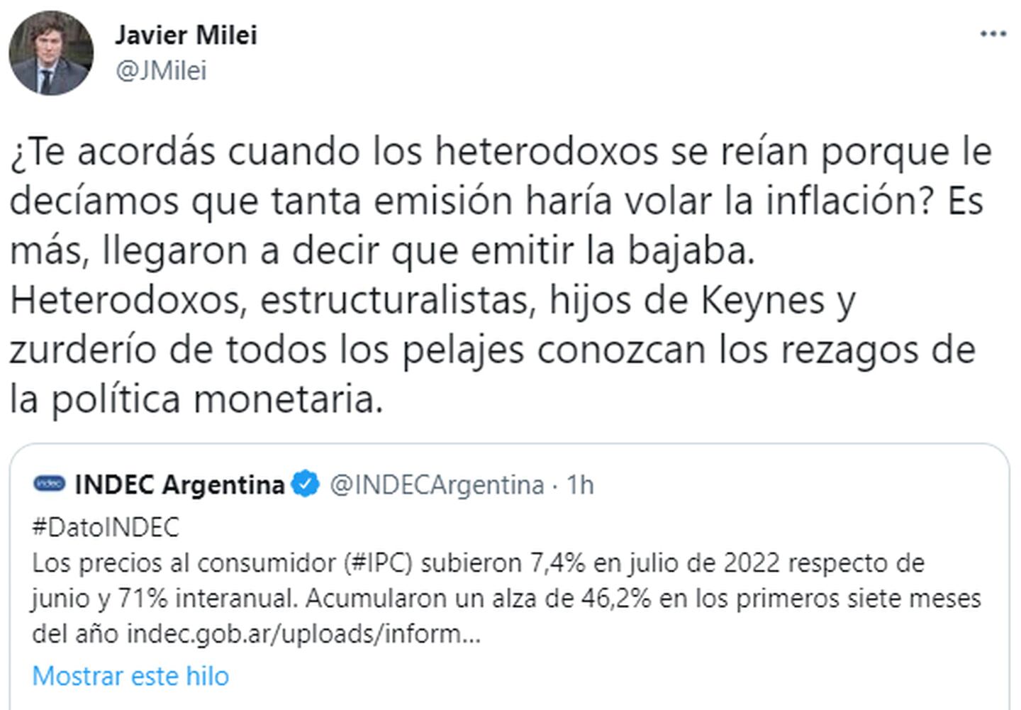 Con su estilo, el diputado nacional y líder de La Libertad Avanza, Javier Milei, se hizo eco del dato inflacionario.