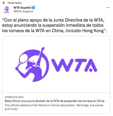 La WTA suspendió todos sus torneos en China y Hong Kong.