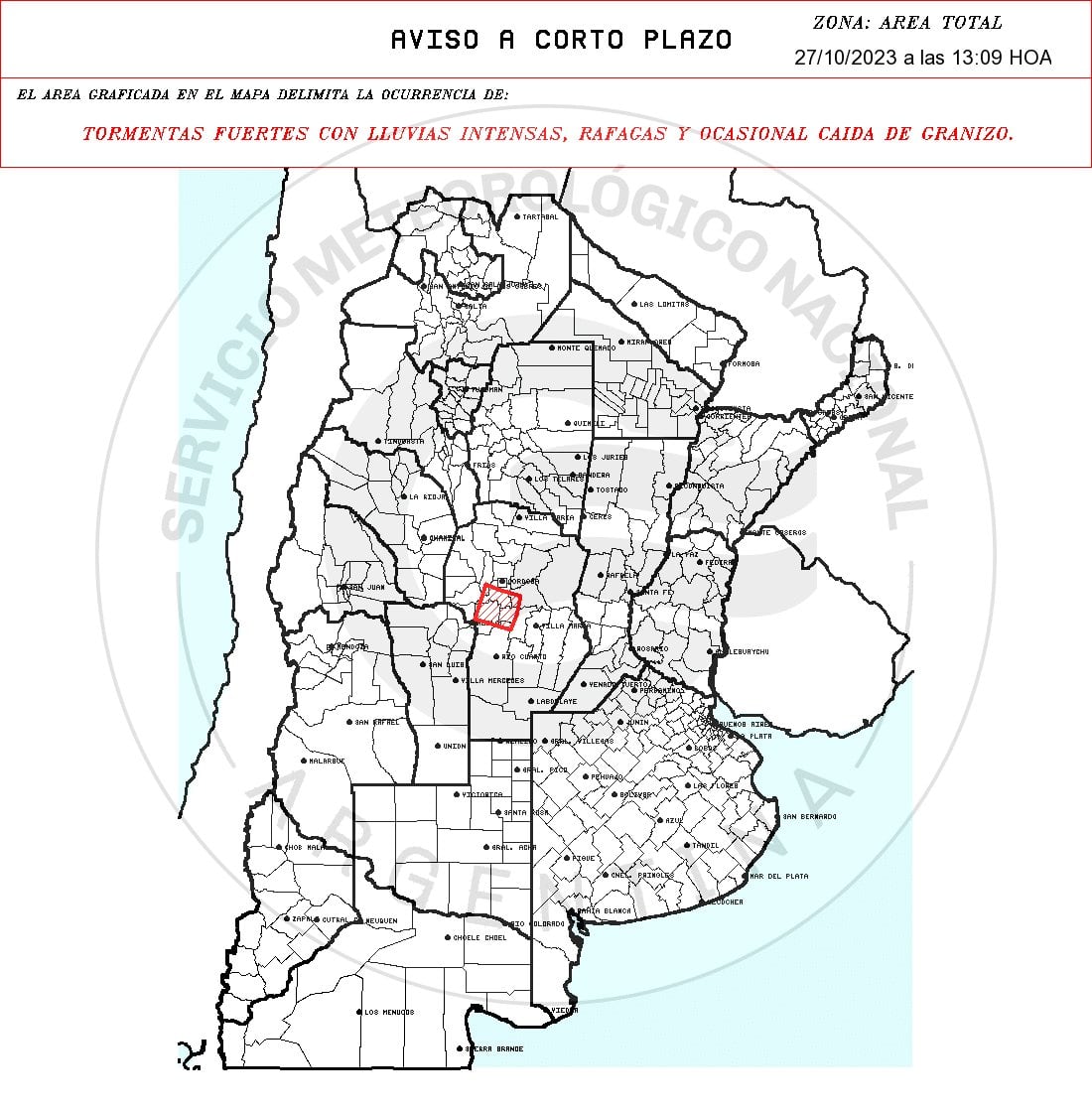 Alerta amarilla por tormentas en Córdoba.