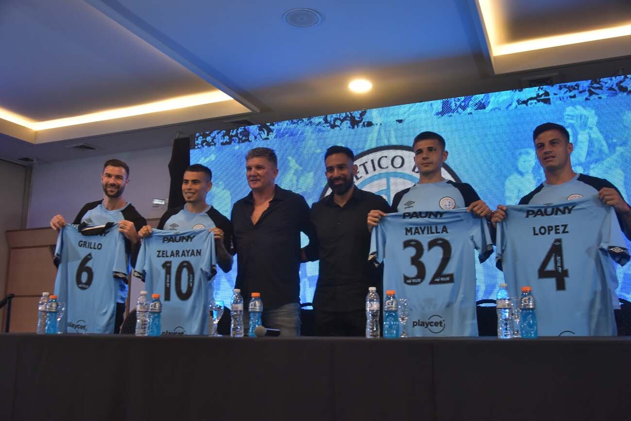 Belgrano presentó a sus cuatro nuevos refuerzos Lucas Zelarayán, Fausto Grillo, Elías López y Julián Mavilla. (Facundo Luque / La Voz)