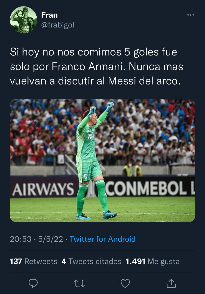 @fabrigol destacó la importancia de Franco Armani para que a River no le hicieran más goles y lo comparó con Messi.