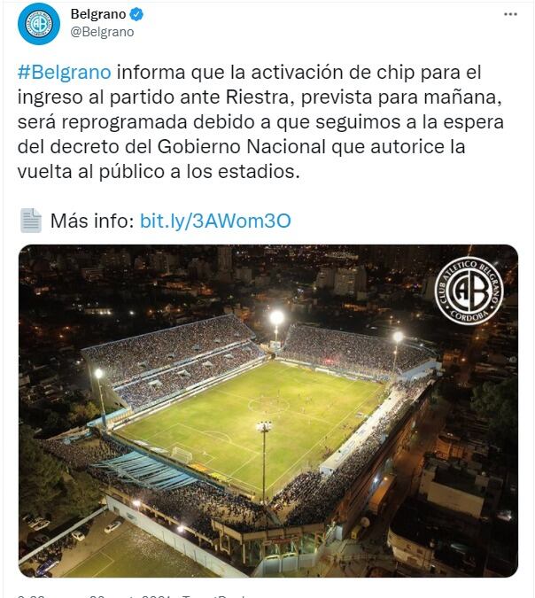 Este viernes Belgrano será local con público, aunque se espera la autorización oficial.