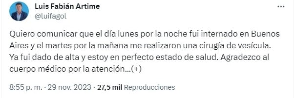 Artime habló de su estado de salud a través de las redes.