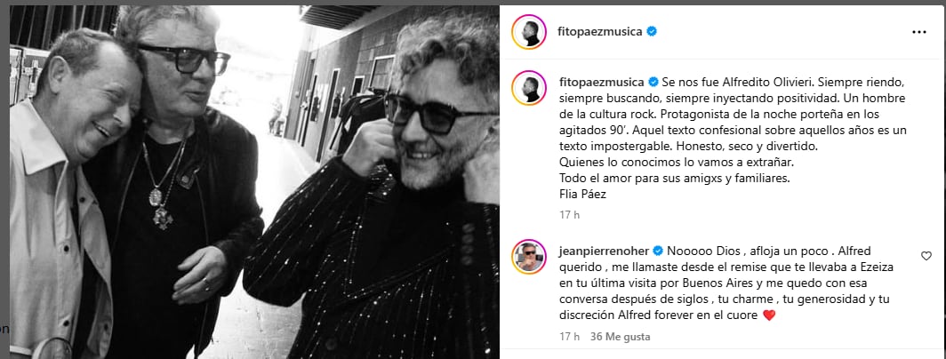 El mensaje de Fito Paéz para despedir a Alfred Oliveri