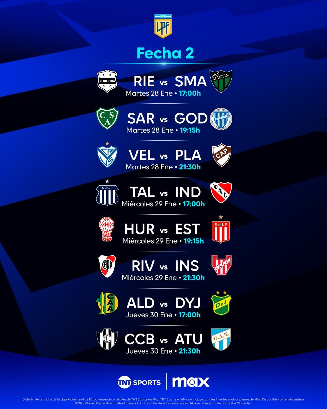 Los partidos de la fecha 2 de Torneo Apertura que transmitirá Max.