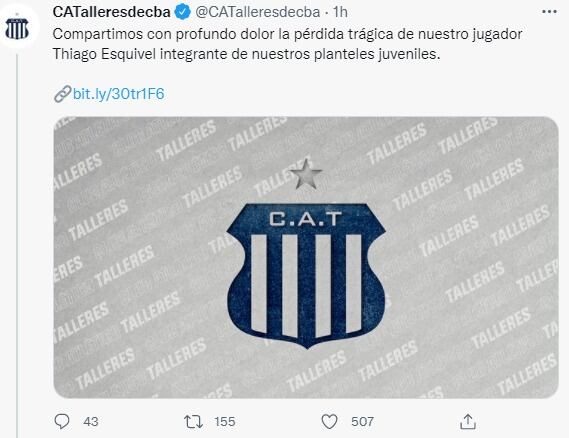 El comunicado de Talleres ante la trágica muerte del juvenil Thiago Esquivel.