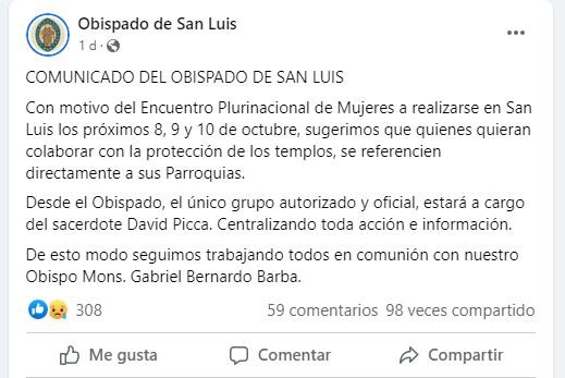 Comunicado del Obispado de San Luis ante el Encuentro Nacional de Mujeres y Disidencias.