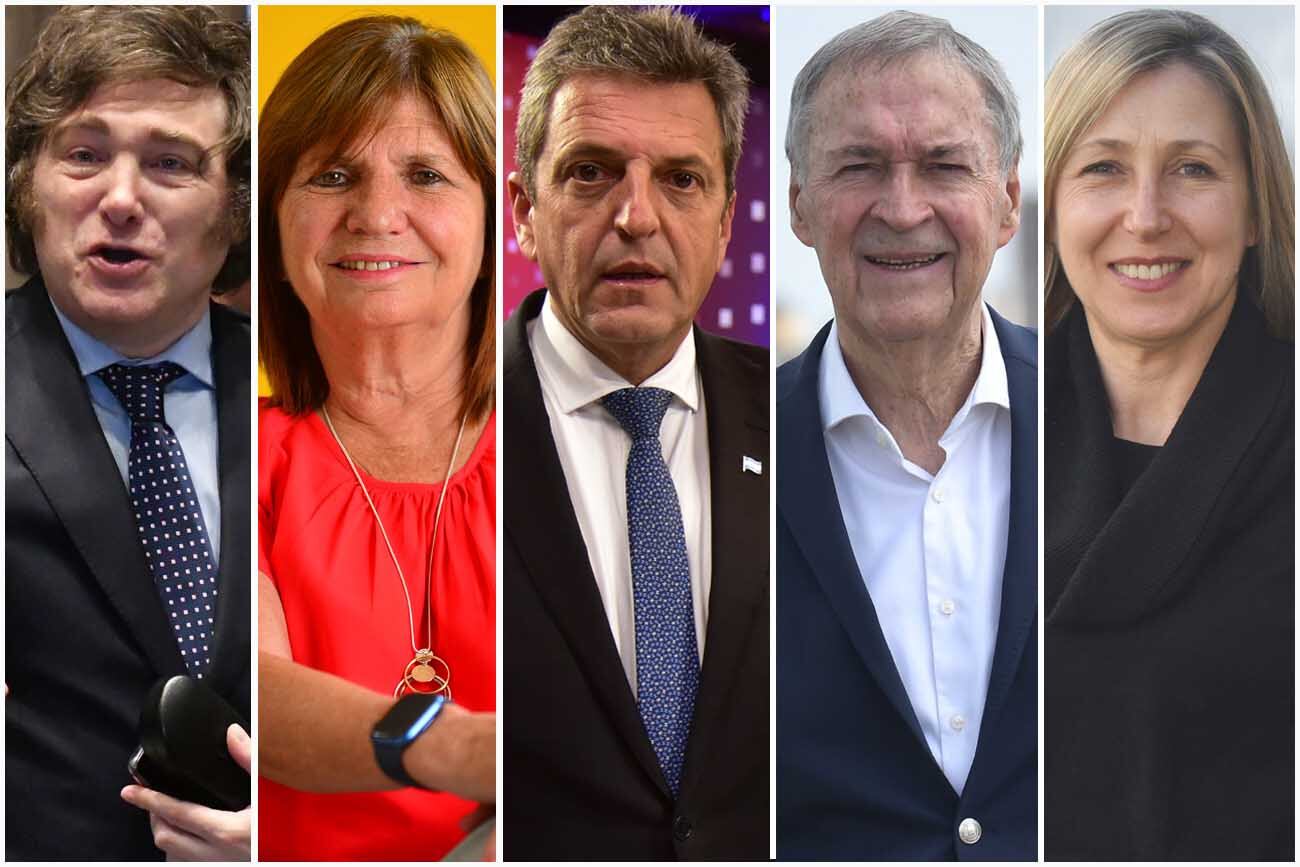 Elecciones 2023: los cinco candidatos a presidente que competirán en las generales: Javier Milei, Patricia Bullrich, Sergio Massa, Juan Schiaretti y Myriam Bregman. (La Voz)