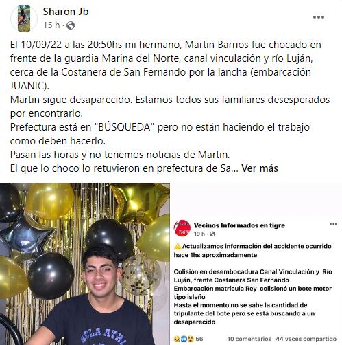 Martín Barrios es intensamente buscado en el río Luján.