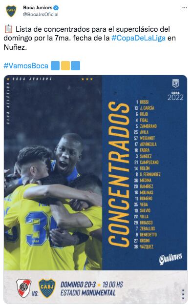 La lista de concentrados de Boca para el clásico ante River.