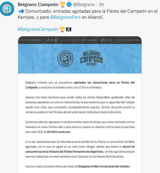 En su festejo de campeón, Belgrano colmará el Kempes. Y antes, el Gigante.