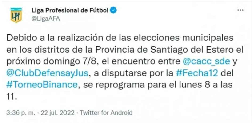 La explicación de la Liga Profesional sobre el cambio de horario en Central Córdoba y Defensa y Justicia. 