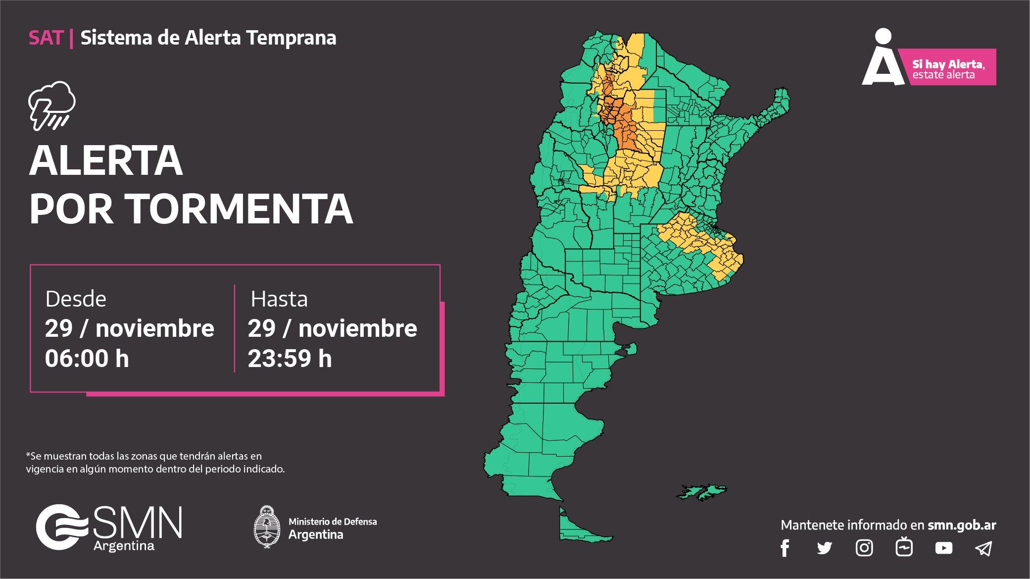 Alerta amarilla por tormentas para este 29 de noviembre.