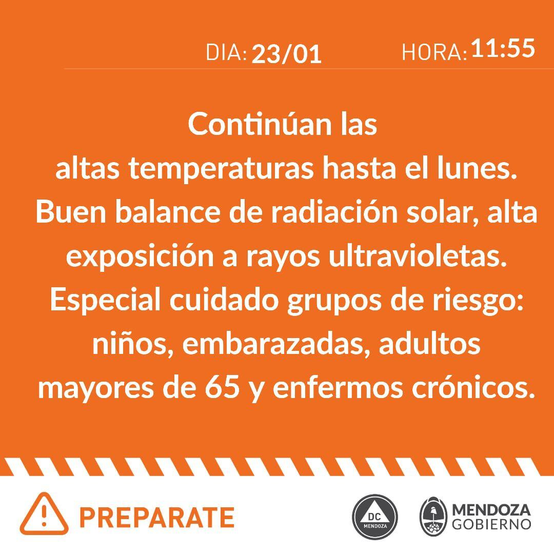 El comunicado de advertencia de Defensa Civil en Mendoza.