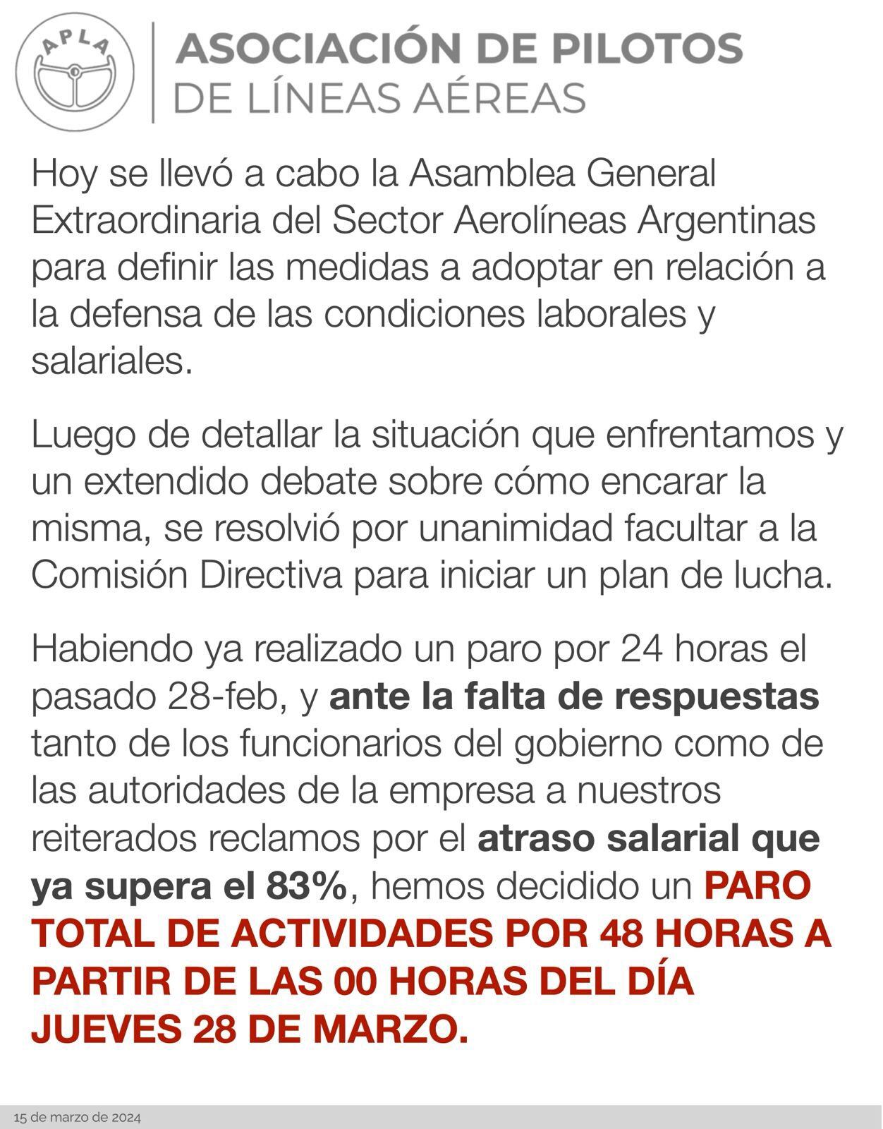 Comunicado oficial de APLA en su cuenta de X.