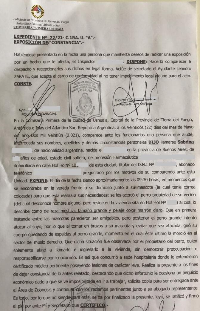 Todo lo sucedido, quedó documentado en la exposición policial. El trámite se deberá finalizar en las oficinas de zoonosis.