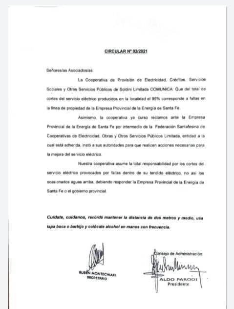 La Cooperativa Eléctrica de Soldini, publica una circular donde explicaron que “del total de los cortes del servicio energéticos producidos en la localidad, el 95 por cientos corresponden, a fallas en la línea de propiedad de la Empresa Provincial de la Energía (Epe)