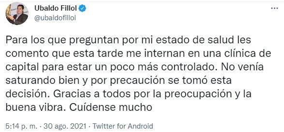 El mensaje del "Pato" Fillol en Twitter.