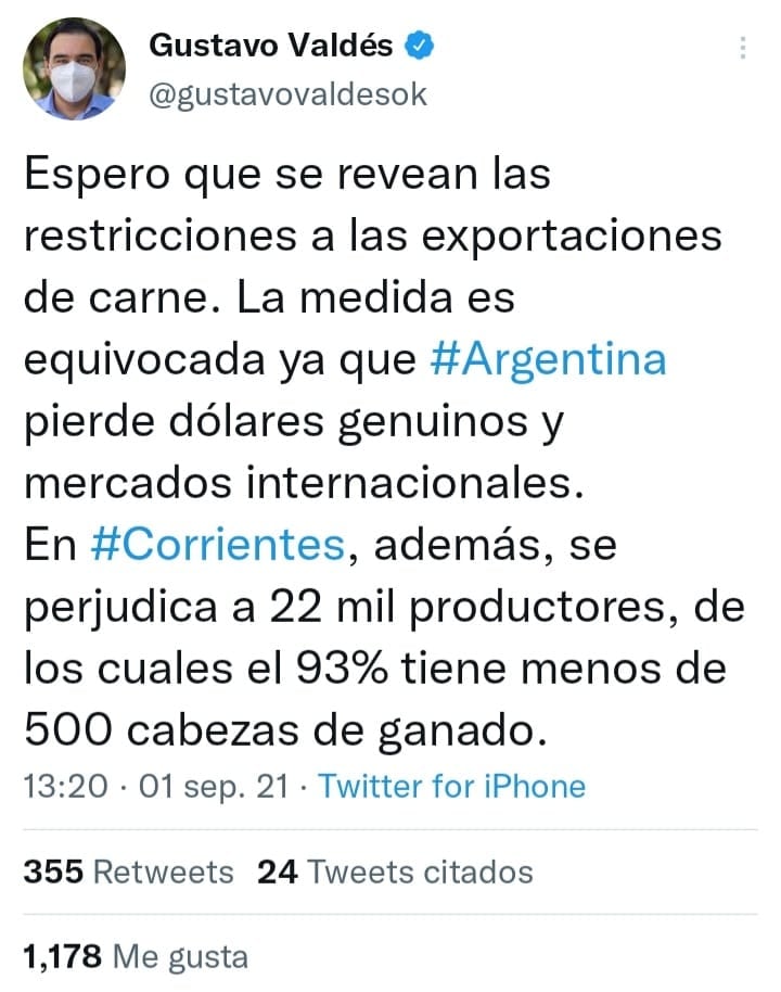 El crítico mensaje del mandatario correntino a través de su cuenta de twitter.