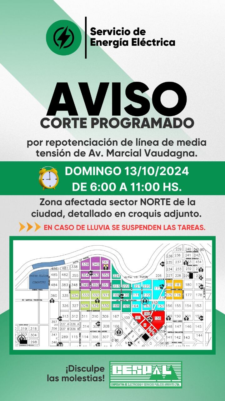 Corte de energia domingo 13 de octubre en Arroyito