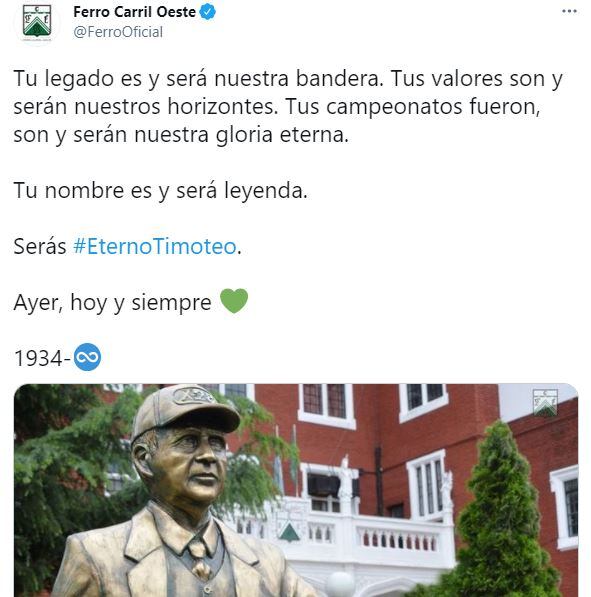 El mensaje de Ferro por la muerte de Carlos Griguol.